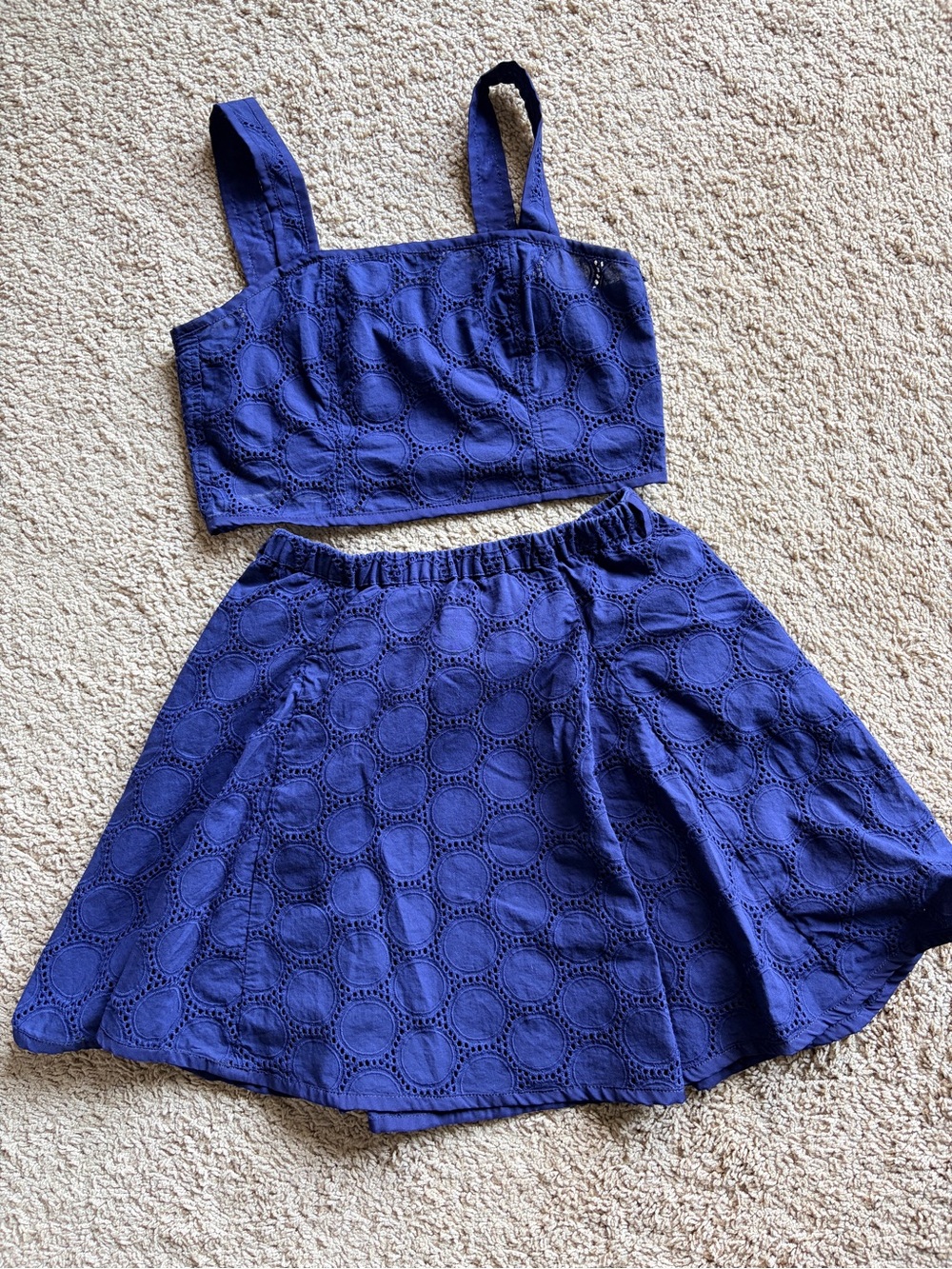 Anne Klein UPCYCLED Blue Eyelet Two-Piece Crop Top and Skirt Set Sz XS